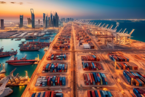 global trade image depicting the bustling trade scene in Bahrain, modern and vibrant, skyscrapers and cargo ships, trade routes and logistics, international business hub